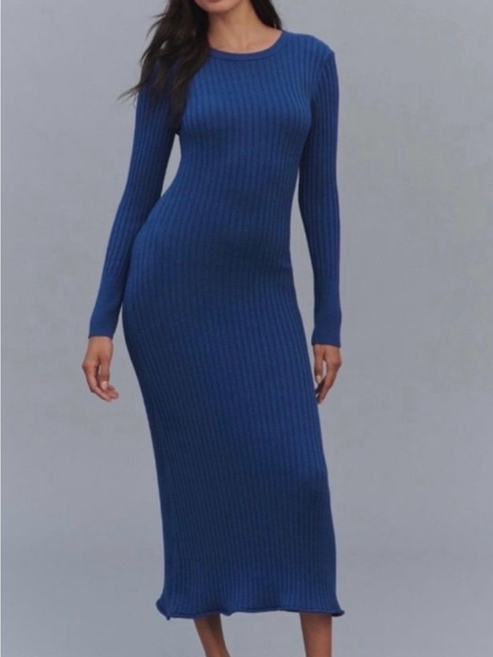 Daily Practice Ribbed Long Sleeve Knit Midi Dress in Blue